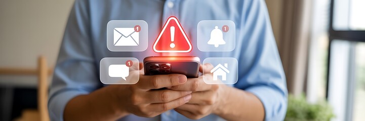 Person holding smartphone with various notification icons and a central warning symbol alert message