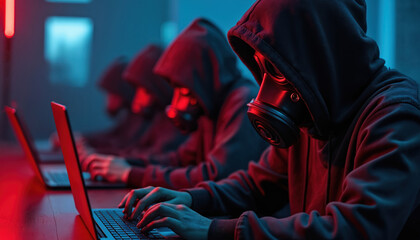 Hooded figures wearing gas masks use laptops in dark room. People in hoodies with gas mask type on keyboard at computer in cyberpunk setting. Darknet users work on computers with anonymity in shadowy