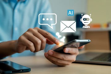 Person using smartphone with AI bot icon, chat bubble, email, and notification symbols mobile phone