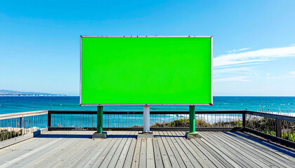 Blank green screen billboard on a coastal boardwalk, overlooking the blue ocean and clear sky, ready for advertising content.