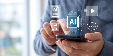 Person using smartphone with AI interface and digital icons for document music video and chat artificial intelligence