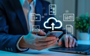 Person using smartphone with cloud storage and document icons for data management technology mobile phone