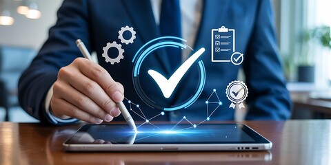 Person using stylus on tablet with digital quality control checklist and gears approval verification