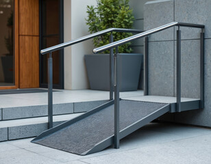 Ramp provides wheelchair access beside stairway. Disability access using slope. Inclusive design promoting independent mobility. Barrier free environment at building. Accessibility ramp for disabled