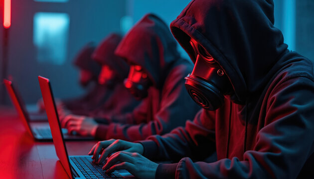 Hooded figures wearing gas masks use laptops in dark room. People in hoodies with gas mask type on keyboard at computer in cyberpunk setting. Darknet users work on computers with anonymity in shadowy
