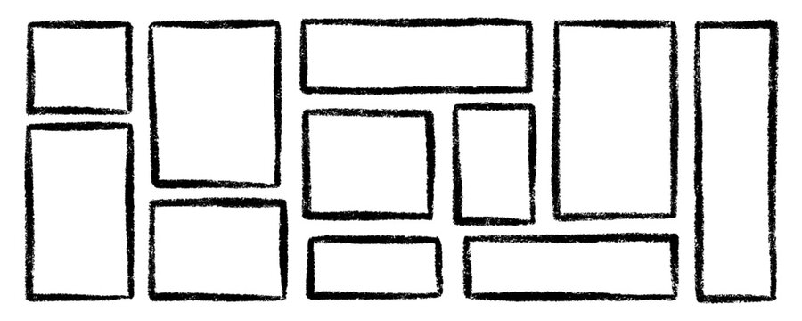 Chalk Frames and crayon text boxes doodle set. Rectangle and square shapes, grunge borders in sketch style. Hand drawn vector illustration isolated on white background