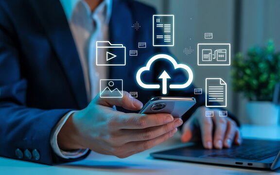 Person using smartphone with cloud storage and document icons for data management technology mobile phone