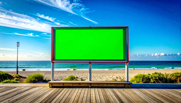 Green screen billboard on beach boardwalk with ocean view under blue sky, perfect for ad mockup and content display. - Powered by Adobe