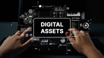 Hands Typing on Keyboard with Digital Assets Graphical Interface and Data Visualization Elements in Dark Environment. Asymptotic smart data analytic.