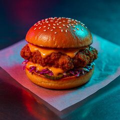 Neon diner chicken burger with slaw, cheese and pickles