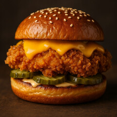 Crispy chicken sandwich with melted cheese and pickles