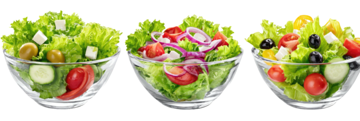 Three clear glass bowls, each filled with a vibrant mix of salad featuring various greens and colorful vegetables