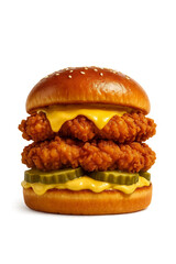 Double stacked fried chicken burger with cheddar and pickles