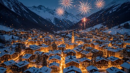 Aerial view of a snowy village at night with fireworks over mountains