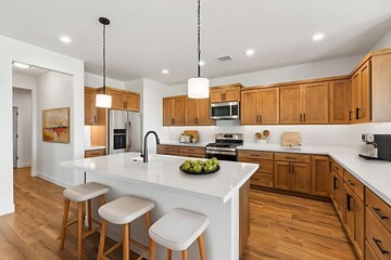 A kitchen with wood cabinets, white countertops, and a large island
