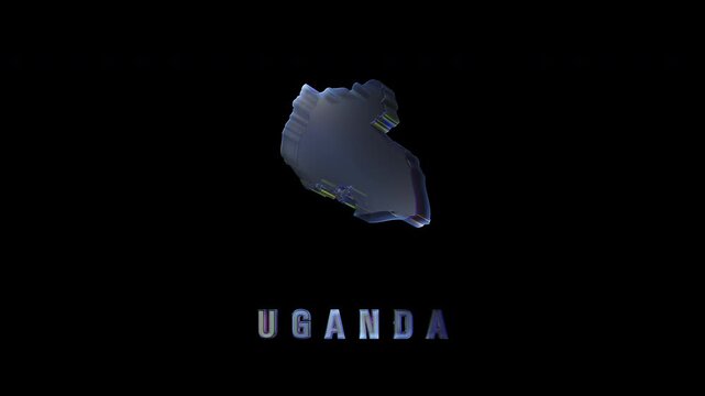 Rotating hologram of uganda country map on black background