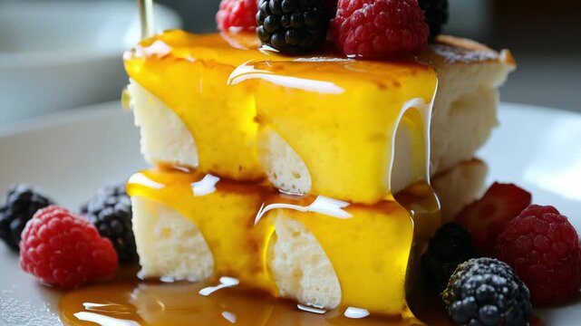 Fluffy pancakes stacked high are covered in golden syrup and garnished with fresh raspberries and blackberries. The colors and textures create a mouthwatering sight