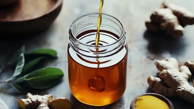 Golden honey flows into a glass jar surrounded by fresh ginger and turmeric on a rustic kitchen counter. Natural ingredients showcase healthy cooking and wellness