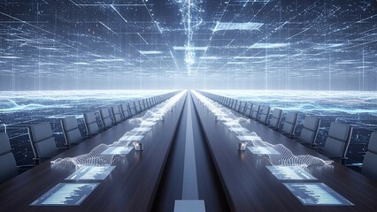 Futuristic boardroom with long table, digital data visuals, and endless rows of seats