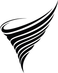 Black abstract swirling tornado shape with curved lines on white vector illustration