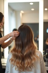 Fototapeta premium Female client gets hair styling in salon. Stylist does haircut for woman with long brown hair. Back view of girl in beauty studio during hair treatment.