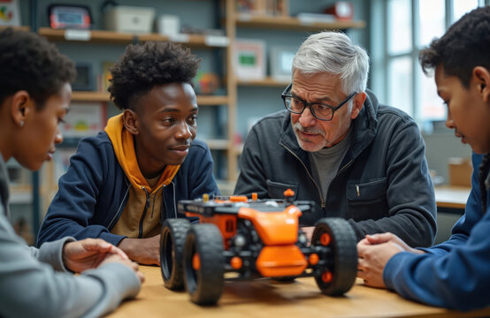 Diverse students learn robotics from teacher in tech classroom. Kids build robot car project, engaging in STEM education with adult mentor guiding activity.