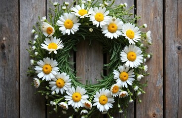 Obraz premium Wreath made of white daisy wildflowers on rustic wooden background. Chamomile flowers crown for Midsummer celebration. Top view flat lay of floral decoration.
