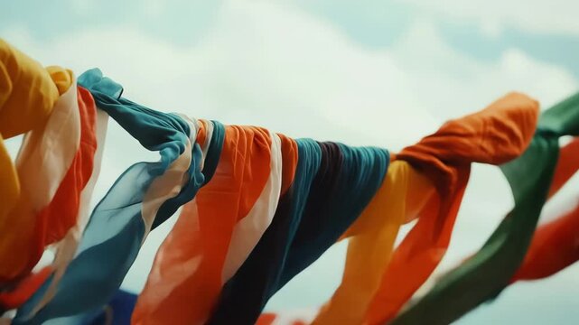 Colorful fabric banners sway gently in the wind during a cheerful outdoor celebration. The atmosphere is lively under a bright blue sky, inviting all to enjoy the moment