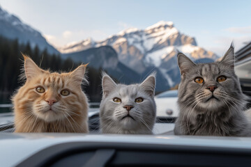 Three cats perch on a car hood in the mountains. Sunlight highlights their fur as snow peaks glow behind.
