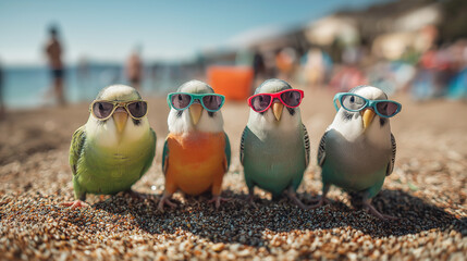 Four parakeets wear sunglasses on a sunny beach. Bright sun and a busy background frame the birds.