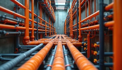 Orange and grey pipes form complex network inside industrial building. Electrical conduit installation for control systems in large facility. Modern infrastructure project for power and data routing.