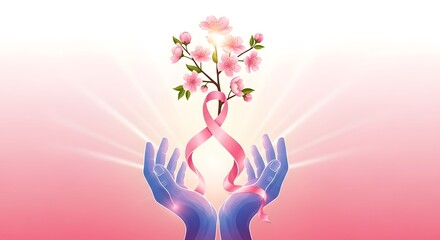 Obraz premium Two glowing hands holding a pink ribbon growing into blooming flowers — symbol of breast cancer awareness, healing, hope, and new life on radiant pink background.