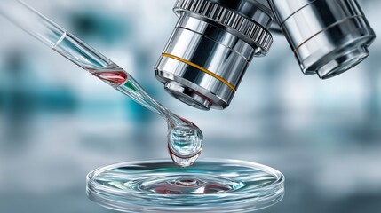 Closeup of microscope lens and pipette dropping liquid onto glass slide symbolizing precision laboratory research and medical scientific analysis, Generative AI