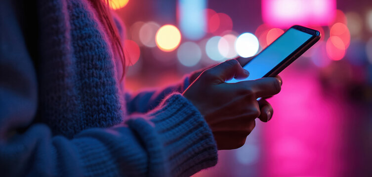 Woman holds smartphone with blank screen in hands. Person uses mobile phone at night city street with colorful bokeh lights. Female interacts with device in urban environment. - Powered by Adobe