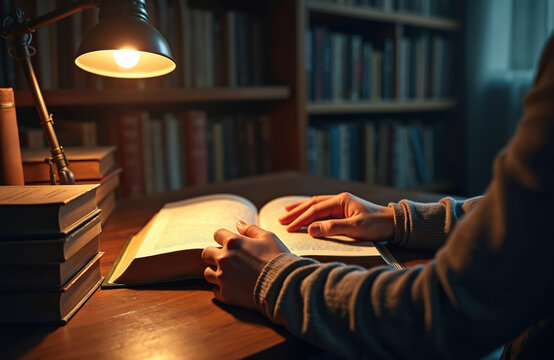 Person reads open book at wooden desk under warm lamp at night. Student studies literature in cozy home library with many bookshelves. Hands turn pages of textbook for learning, research, education.