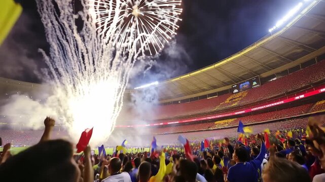 A vibrant atmosphere fills the stadium as fans wave flags and cheer enthusiastically. Fireworks light up the night sky, celebrating football victory