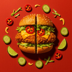 Chicken burger split on red background with peppers and pickles