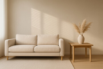 Scandinavian living room with beige sofa and pampas grass