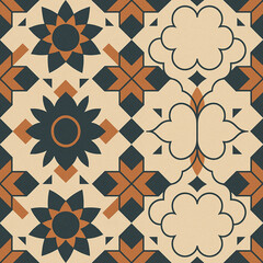 Vintage geometric tile pattern in terracotta and teal (seamless)