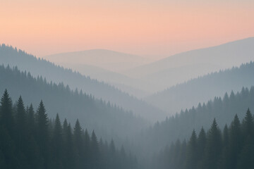 Misty pine mountain layers at dawn pastel sky