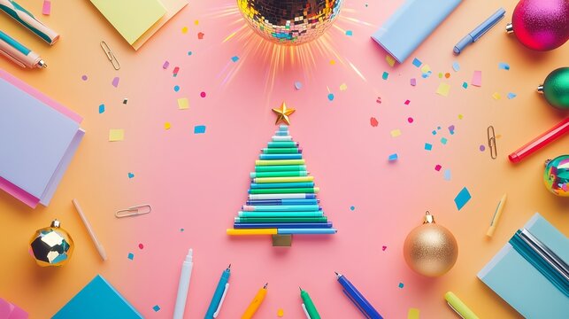 Festive office Christmas flat lay with colorful baubles and party glitterball