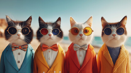 Four cats wearing sunglasses at the beach. They pose for a seaside photoshoot in bright daylight.