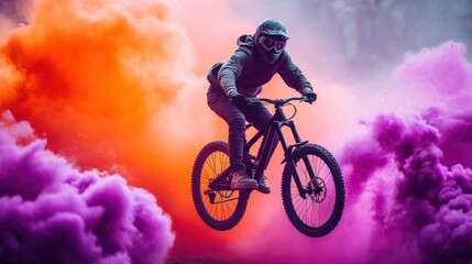 Naklejka premium A mountain biker soars through the air during an extreme jump, surrounded by colorful smoke.