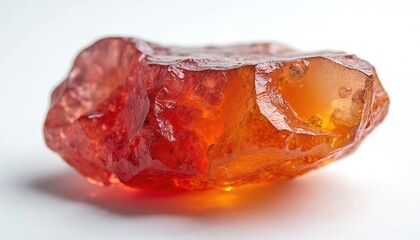 Close up view on rough orange gemstone. Red crystal mineral stone isolated. Natural shiny raw sapphire gem reflects light. Precious ruby crystal for jewellery workshop. Stone for reiki healing.