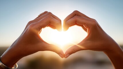 Two hands form a heart shape with the sun beaming brightly in between them.