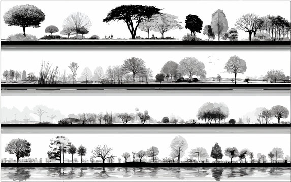 Vasta collezione di silhouette di alberi in bianco e nero su sfondi diversi, perfetti per progetti grafici.