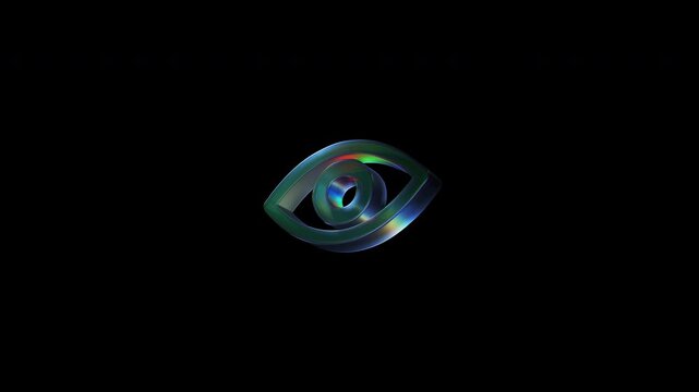 Rotating 3d at symbol transforming into an eye on black background