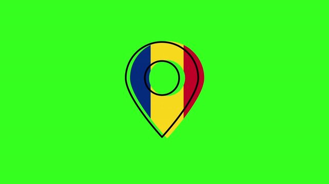 Romanian flag inside gps pointer icon animation on green screen