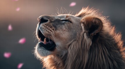Fototapeta premium Majestic lion roars with pink petals floating in the air.