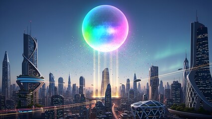 Futuristic cityscape, towering buildings, colorful orb radiating light, night sky, flying vehicles